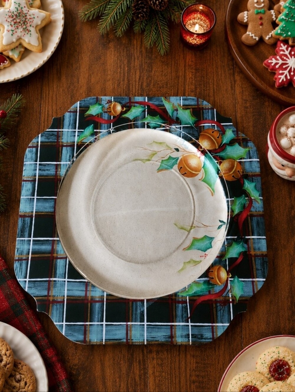 Plaid Tole Hand Painted Signed Wood Charger and Glass Plate Christmas Platter EU